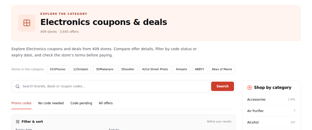 Browsing electronics category discounts on ChoiceCode