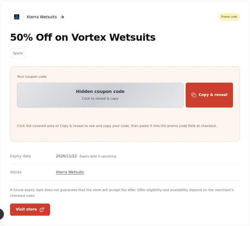 ChoiceCode offer detail card with clear expiration date and coupon terms